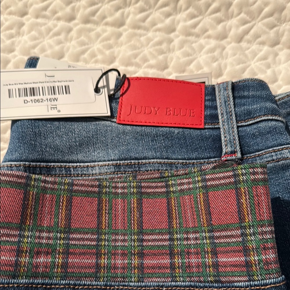 Judy Blue Women's Blue Jeans with red plaid cuff